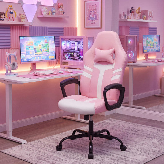 Faux Leather Upholstered Office Chair with Removable Head Pillow and Rocking Function-Pink