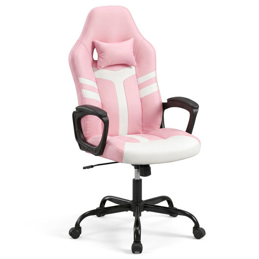 Faux Leather Upholstered Office Chair with Removable Head Pillow and Rocking Function-Pink