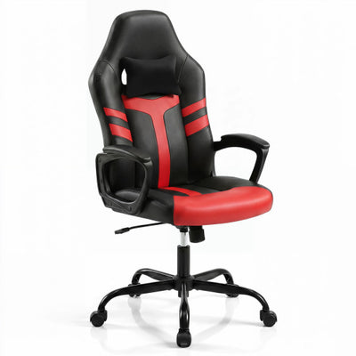 Faux Leather Upholstered Office Chair with Removable Head Pillow and Rocking Function-Red