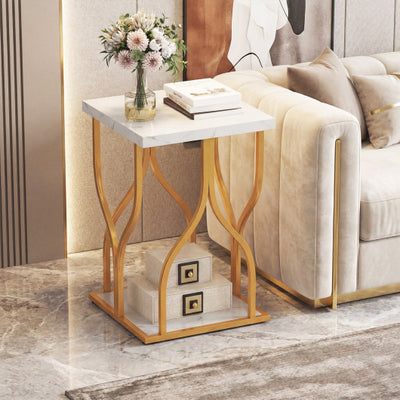 Faux Marble Bedside Night Stand with Petal-Inspired Metal Frame-White