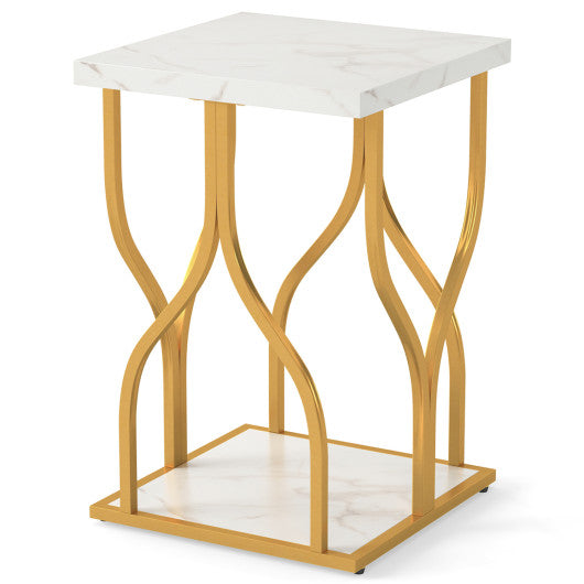 Faux Marble Bedside Night Stand with Petal-Inspired Metal Frame-White