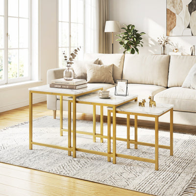 Faux Marble Nesting Table with Metal Frame Set of 3-White