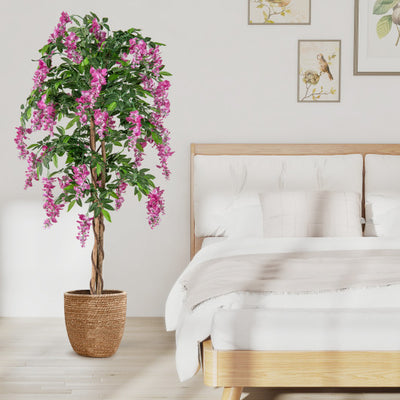 5.5 FT Faux Wisteria Plant in Nursery Pot with Blooming Flowers-Rose Red