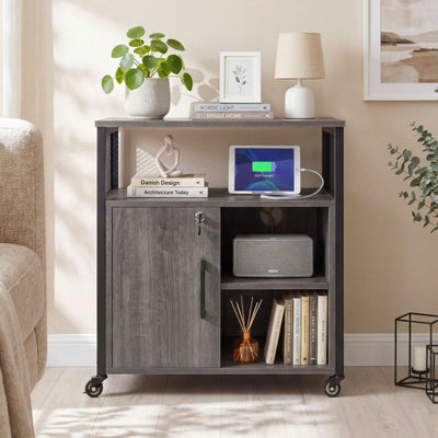 File Cabinet on Wheels with Charging Station and Cable Management Hole-Gray