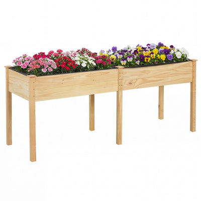 Fir Wood Outdoor Raised Garden Bed with Divider Panel and Drainage Holes-Natural