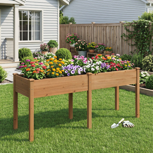 Fir Wood Outdoor Raised Garden Bed with Divider Panel and Drainage Holes-Yellow