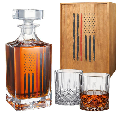 Firefighter Tactical Red Tattered American Flag Whiskey Decanter Gift Set