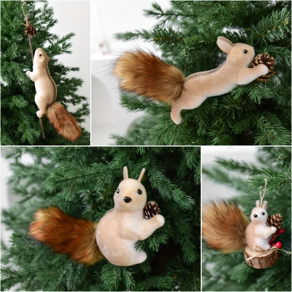 Flocked Fabric Christmas Ornaments - 4pcs Squirrel Tree Decor with Pine Cones & Red Berries