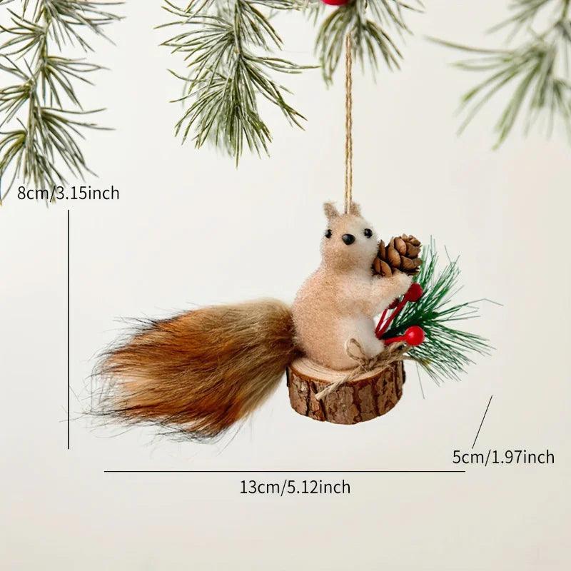Flocked Fabric Christmas Ornaments - 4pcs Squirrel Tree Decor with Pine Cones & Red Berries