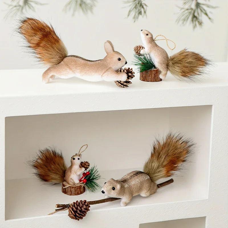 Flocked Fabric Christmas Ornaments - 4pcs Squirrel Tree Decor with Pine Cones & Red Berries