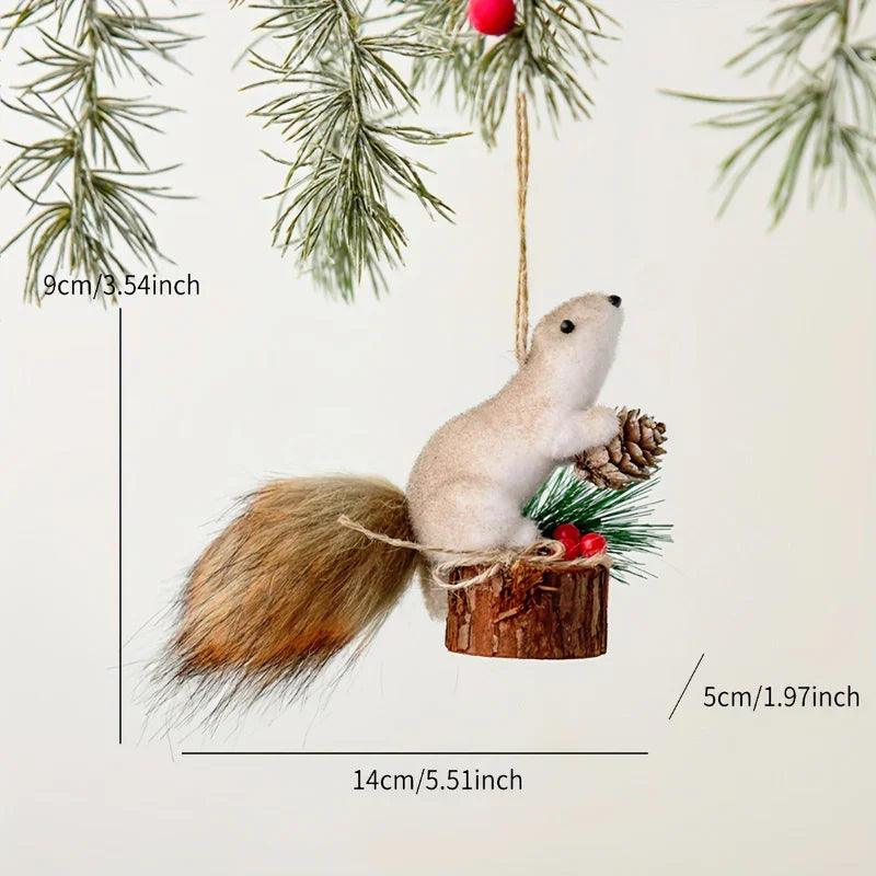 Flocked Fabric Christmas Ornaments - 4pcs Squirrel Tree Decor with Pine Cones & Red Berries