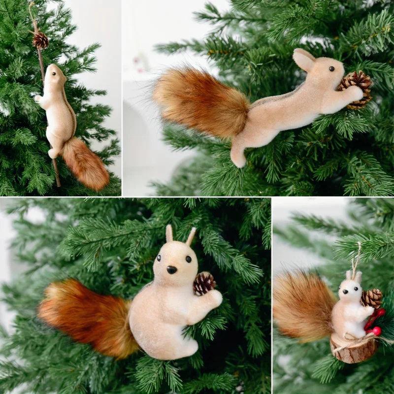 Flocked Fabric Christmas Ornaments - 4pcs Squirrel Tree Decor with Pine Cones & Red Berries