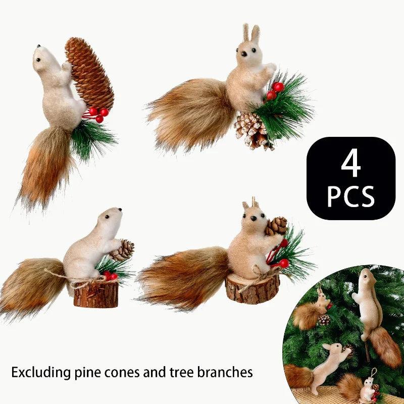 Flocked Fabric Christmas Ornaments - 4pcs Squirrel Tree Decor with Pine Cones & Red Berries
