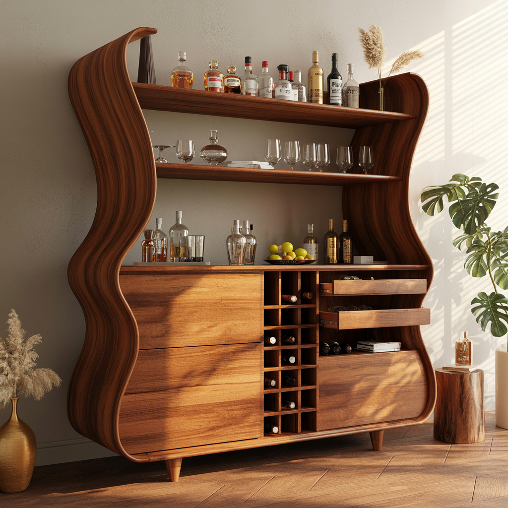 Flowcrest Sculpted Solid Wood Bar Cabinet