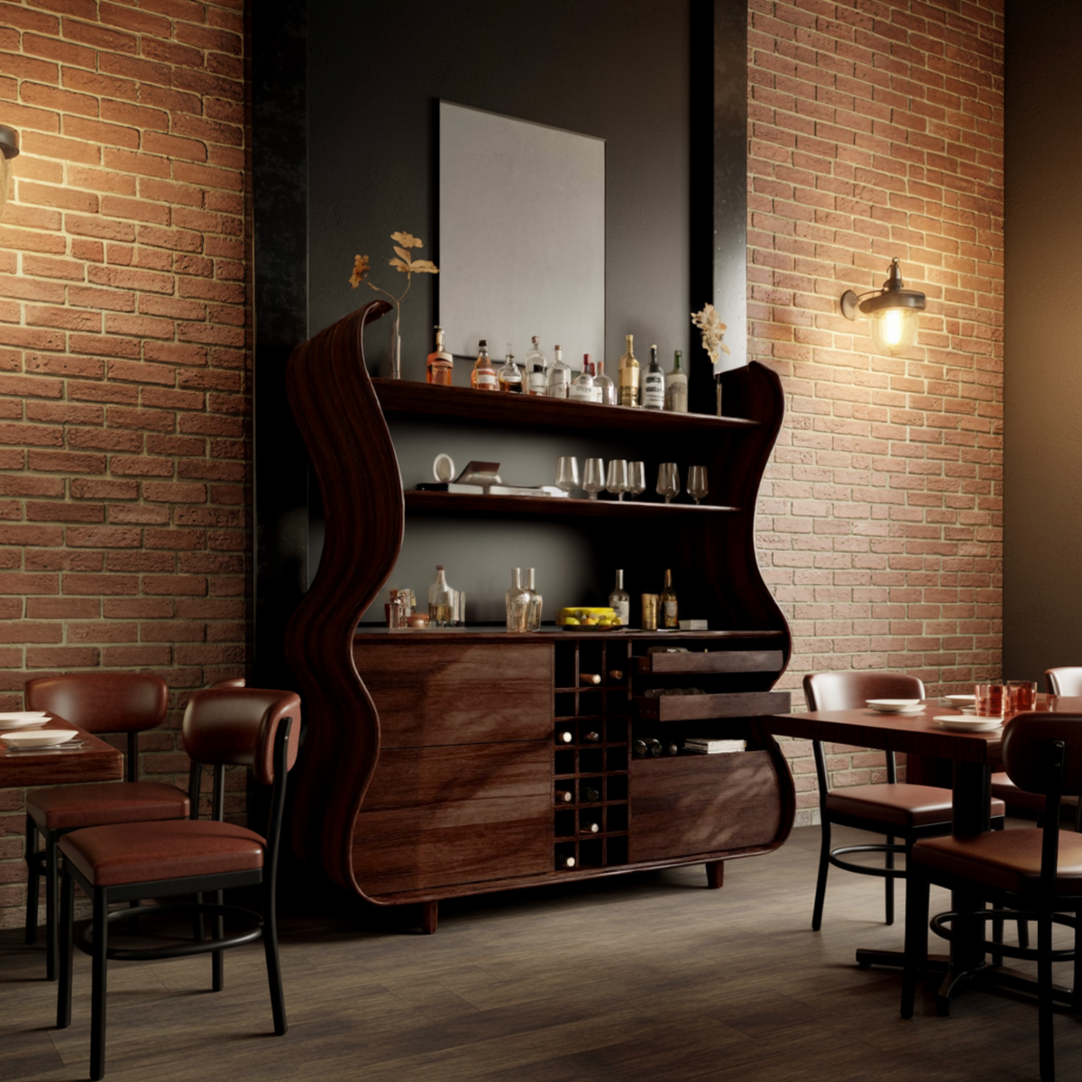 Flowcrest Sculpted Solid Wood Bar Cabinet