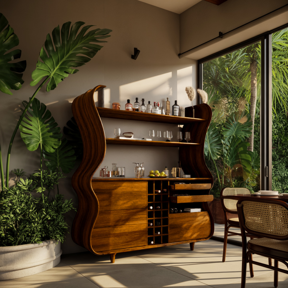 Flowcrest Sculpted Solid Wood Bar Cabinet