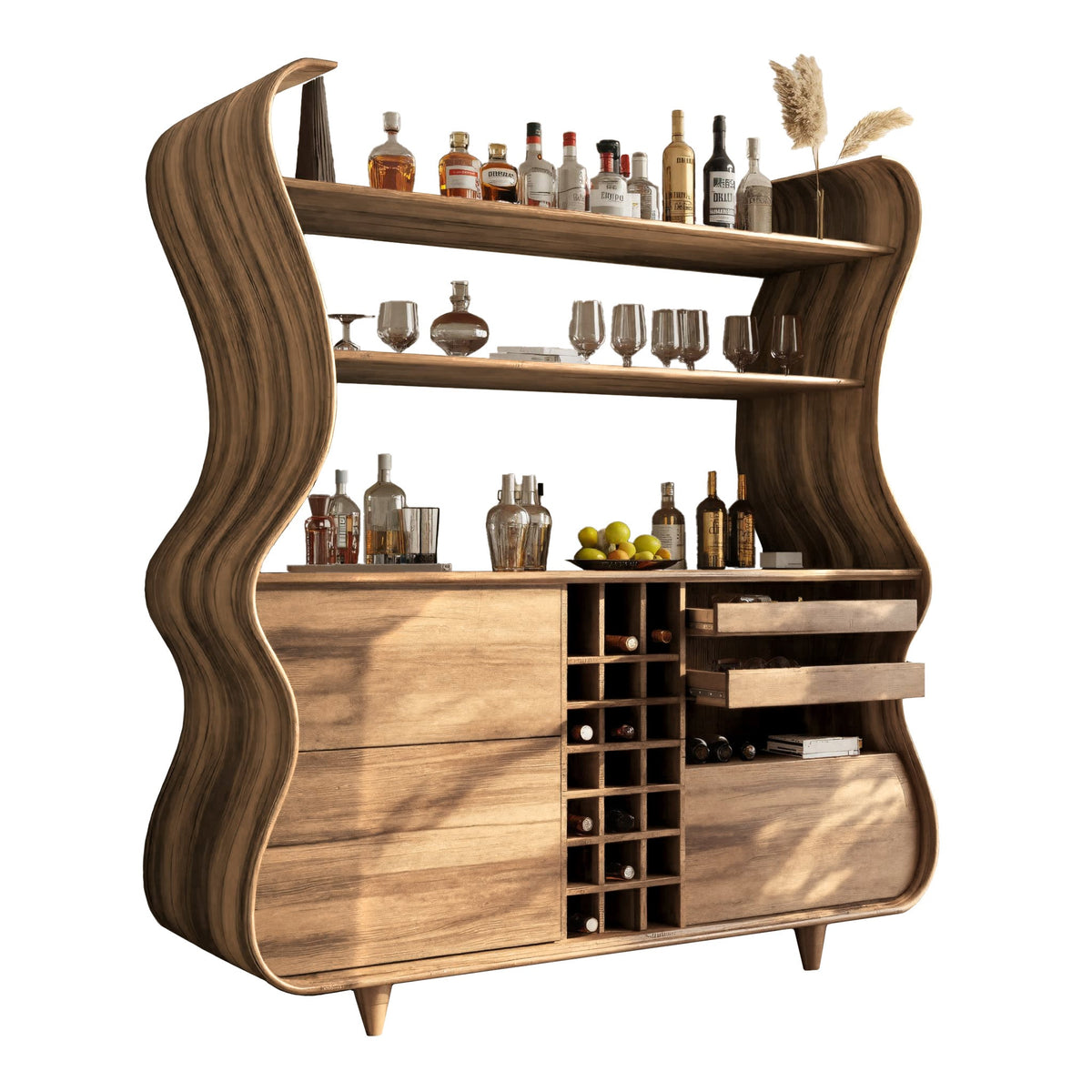Flowcrest Sculpted Solid Wood Bar Cabinet