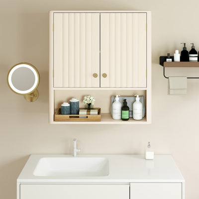 Fluted Bathroom Wall Cabinet with Open Shelf-Beige