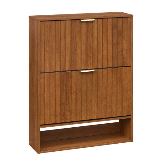 Fluted Hidden Shoe Cabinet with 2 Flip Drawers and Open Storage-Walnut