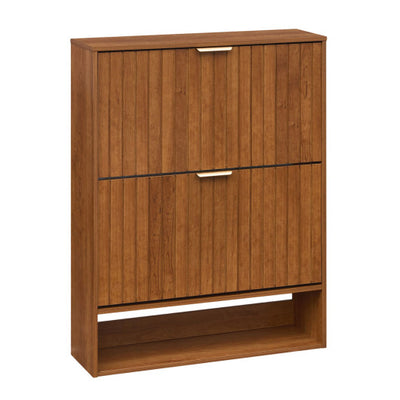 Fluted Hidden Shoe Cabinet with 2 Flip Drawers and Open Storage-Walnut