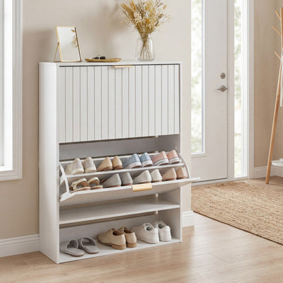 Fluted Hidden Shoe Cabinet with 2 Flip Drawers and Open Storage-White