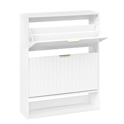 Fluted Hidden Shoe Cabinet with 2 Flip Drawers and Open Storage-White