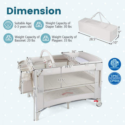 Foldable Baby Bassinet with 4 Adjustable Heights Changing Table and Mattress-Beige