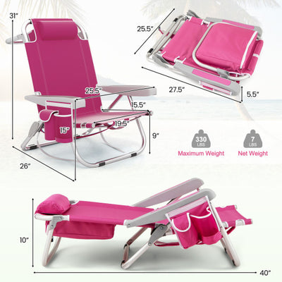 Foldable Backpack Beach Chair with Cup Holder and Storage Pockets Set of 2-Pink