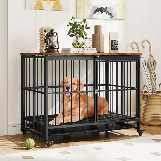 Foldable Dog Crate Furniture with Removable Tray and Lockable Door-L