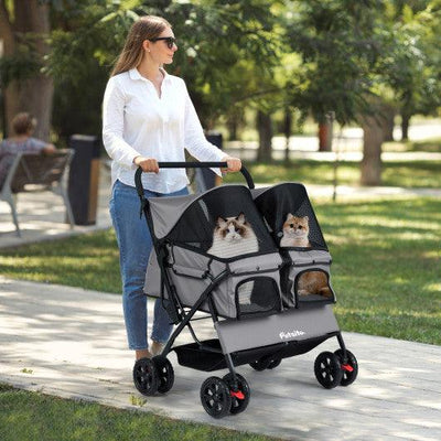 Foldable Double Pet Stroller with Adjustable Sunshade and Storage Basket-Gray