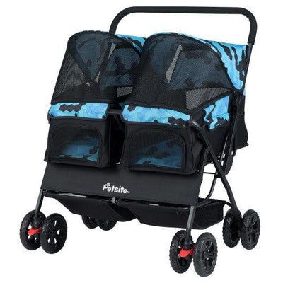 Foldable Double Pet Stroller with Adjustable Sunshade and Storage Basket-Navy