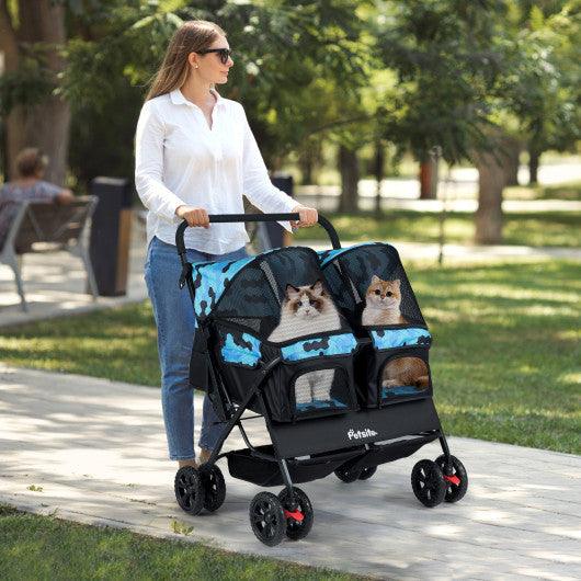 Foldable Double Pet Stroller with Adjustable Sunshade and Storage Basket-Navy