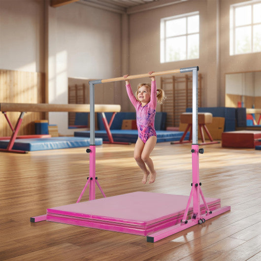 Foldable Gymnastics Bar for Kids with 3-Level Adjustable Heights-Pink