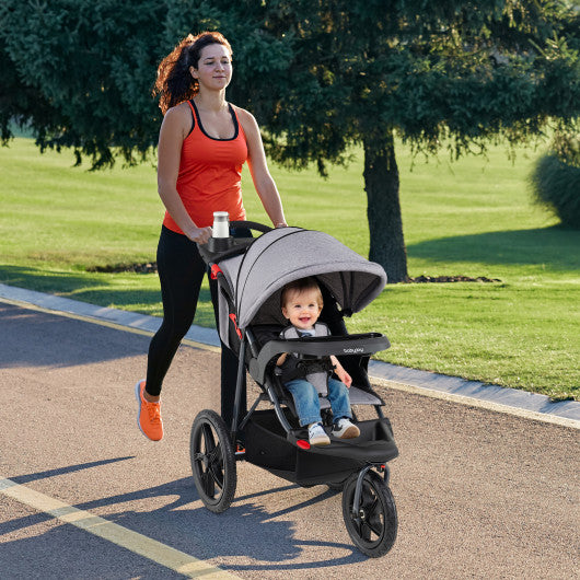 Foldable Jogging Stroller with Detachable Tray and Air-Filled Rubber Tires-Gray