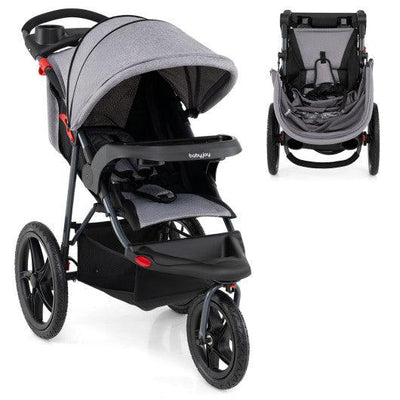 Foldable Jogging Stroller with Detachable Tray and Air-Filled Rubber Tires-Gray