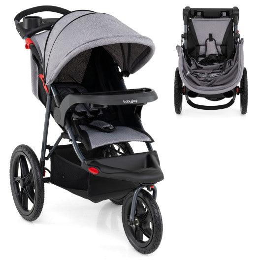 Foldable Jogging Stroller with Detachable Tray and Air-Filled Rubber Tires-Gray