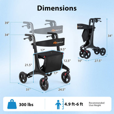 Foldable Rollator Rolling Walker with Seat for Seniors-Black