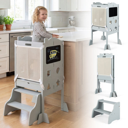 Foldable Toddler Step Stool with Chalkboards 2-Step Stool-Gray