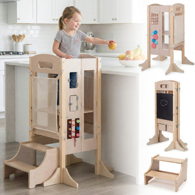 Foldable Toddler Step Stool Wooden Kitchen Standing Tower with 2-Step Stool
