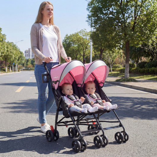 Foldable Twin Baby Double Stroller Ultralight Umbrella Kids Stroller-Pink