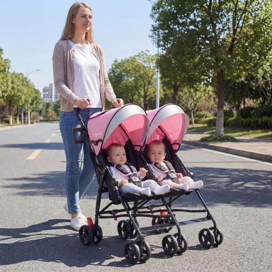 Foldable Twin Baby Double Stroller Ultralight Umbrella Kids Stroller-Pink