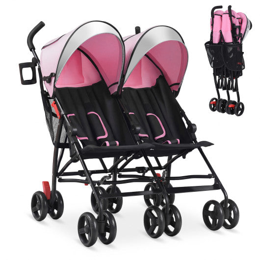 Foldable Twin Baby Double Stroller Ultralight Umbrella Kids Stroller-Pink