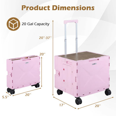 Foldable Utility Cart on 4 Rotate Wheels with Cup Holder-Pink