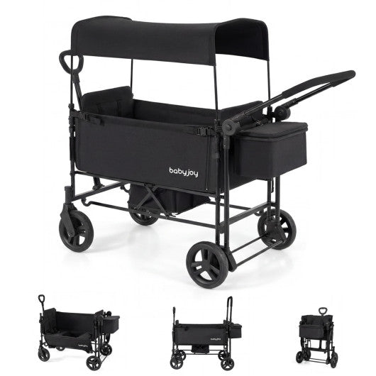 Foldable Wagon Stroller for 2 Kids with Removable Canopy and Adjustable Push Handle-Black