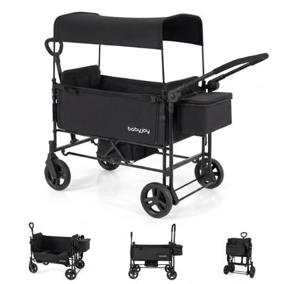 Foldable Wagon Stroller for 2 Kids with Removable Canopy and Adjustable Push Handle-Black