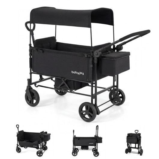 Foldable Wagon Stroller for 2 Kids with Removable Canopy and Adjustable Push Handle-Black