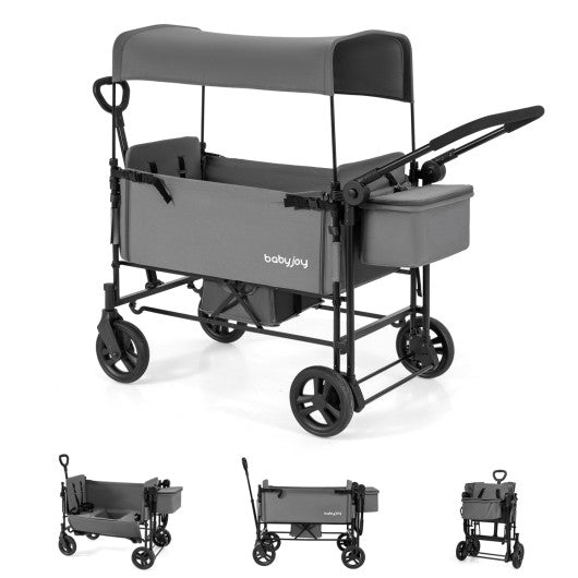 Foldable Wagon Stroller for 2 Kids with Removable Canopy and Adjustable Push Handle-Gray