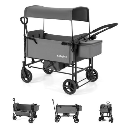 Foldable Wagon Stroller for 2 Kids with Removable Canopy and Adjustable Push Handle-Gray