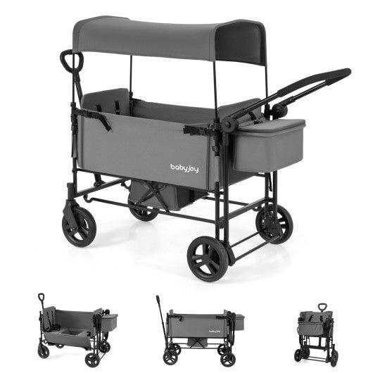 Foldable Wagon Stroller for 2 Kids with Removable Canopy and Adjustable Push Handle-Gray