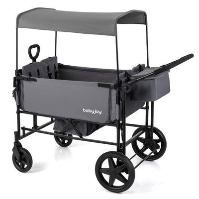 Foldable Wagon Stroller for 4 Kids with Removable Canopy and Adjustable Push-Gray